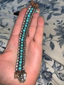 Lucky Brand Turquoise Bead Silver Tone Brown Leather Wrap Bracelet 7-9 In Toggle - Picture 1 of 4