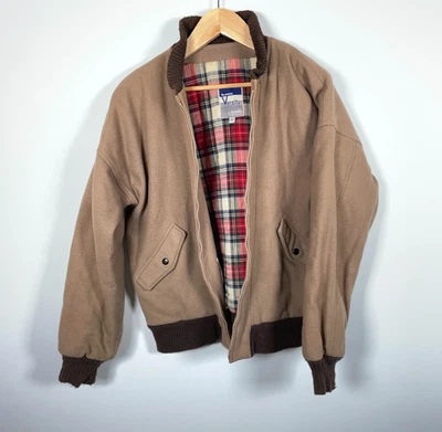 Chaqueta de bombardero universitaria de lana Catalina años 70 para hombre 42 marrón forrada a cuadros cremallera Foto 1 de 4