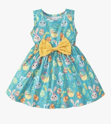 Little Girls Dress Size 6 Blue Spring Easter Bunny Yellow Bow  - Image 1 of 4