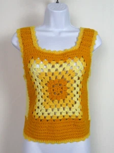 VTG 1960s MOD HAND CROCHETED BOHO HIPPY TOP YELLOW MAIZE SQUASH - Picture 1 of 9