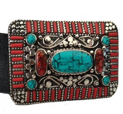 Cinturón Tibetano Plata Hebilla Cinturón Trampa Cintura Turquesa Coral Cierre, B48 Foto 1 de 2