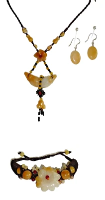 3 er SchmuckSet Kette Collier + Armband + Ohrringe NaturStein Folklore Schmuck - Bild 1 von 4