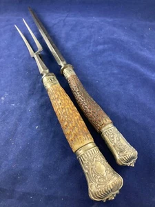 Antique Carving Fork & Sharpening Steel Antler Handles Elkington Silver collar - Picture 1 of 8