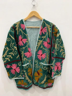 Chic Velvet Suzani Embroidered Short Kimono | Winter Kimono Coat - Image 1 of 4