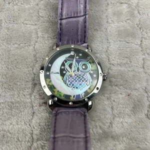 Bertha Ashley Ladies Watch Enameled Owl Mother of Pearl Dial Silver Purple Strap - Picture 1 of 9