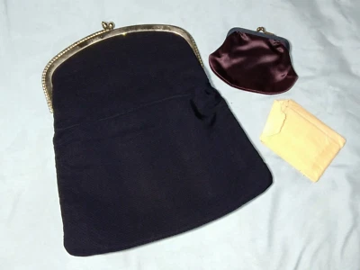 Bolso sin asas plegable marco de metal plateado pedrería espejo cambio cartera azul marino vintage Foto 1 de 4