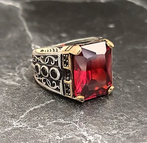 Men Silver Red Zircon Stone Ring , Men Ruby Gemstone Silver Ring - Picture 1 of 8