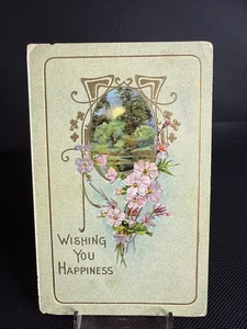 Embossed Gold Flower Meadow Postcard Posted 1910 Wishing You Happiness Writing - Picture 1 of 2