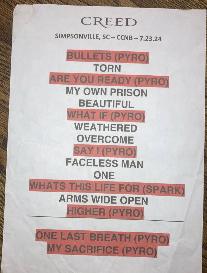 Creed Setlist Simpsonville, SC 7/23/24 - Image 1 of 1