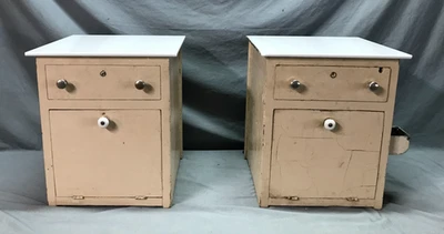 Antique VTG Pair Wood Barber Cabinets Milk Glass Tops Nightstands Old 1070-25B - Image 1 of 4