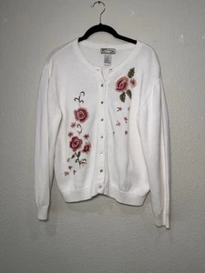 Weiße Strickjacke Pullover mit Blumenstickerei Large - Bild 1 von 7