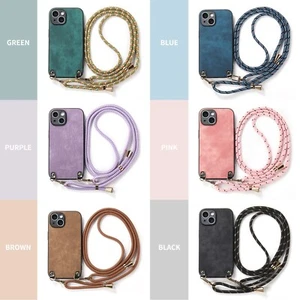 Solid color Skin feel Leather With Neck Strap Crossbody Phone Case Cover Back - Picture 1 of 21