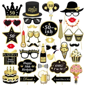 50th Birthday Photo Booth Props Funny Party Supplies Decorations 34pc Gold Black - Picture 1 of 5