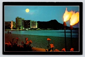 Pleine lune clair de lune sur tête de diamant Waikiki plage Oahu Hawaii vintage UNP carte postale - Photo 1/2