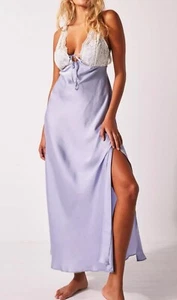 Free People Countryside Purple Satin Lace Maxi Slip Dress Medium M $118 NWOT - Picture 1 of 7