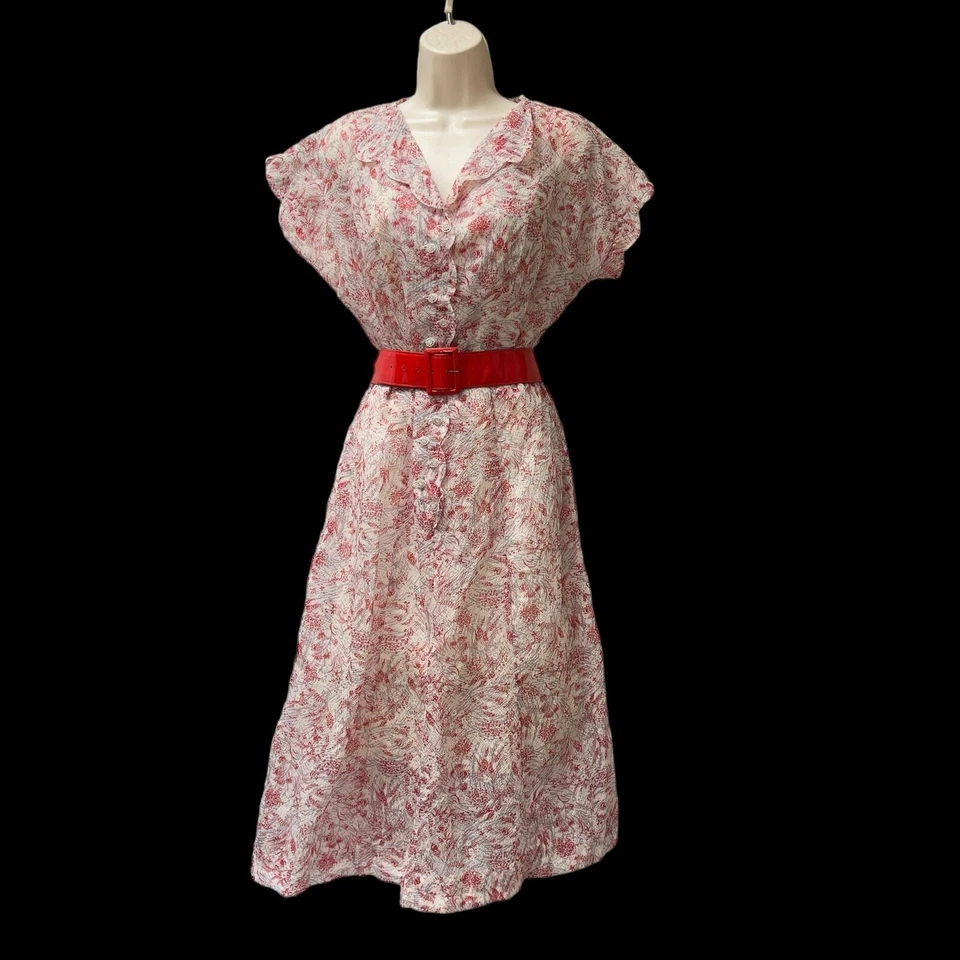 1950's Fit & Flare MCM Red Pattern Sheer Dress Lucite Rhinestone Buttons Sz M - Image 1 of 4