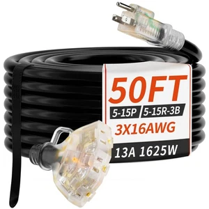 50 FT 16/3 Gauge Outdoor Extension Cord with Multiple Outlets Light Indicator... - Picture 1 of 7