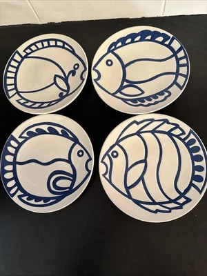 VERY RARE Set of 4 Crate and Barrel Fish Blue and White Dinner Plates 8" - Image 1 of 4