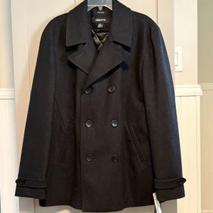 NWT Calvin Klein Men L Gray Wool Blend Double Breasted Mid Length Peacoat Coat - Picture 1 of 16