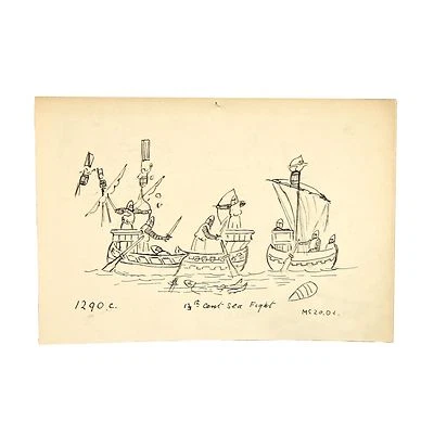 Old Original Antique Miniature C13th Armour Archers Crows Nest Sea Fight Drawing - Image 1 of 3