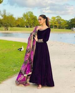Stitched Velvet Purple Gown Anarkali Suit Indian Wedding Salwar Kameez Dupatta