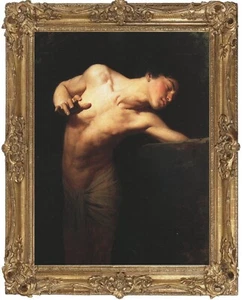 Pintura al óleo antigua hecha a mano de arte maestro joven desnudo sobre lienzo 20"x28" - Imagen 1 de 2