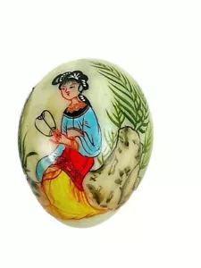 Vintage Green Jade Egg Hand Painted Geisha Girl Signed & Stand - Picture 1 of 8