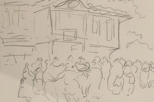 Antique pencil drawing people on the old town streets composition - Picture 1 of 9