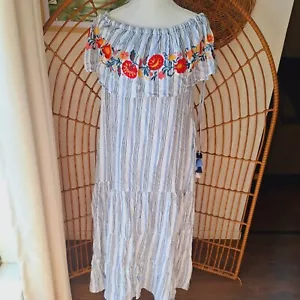 Adrift White Off Shoulder Frill Dress Embroidered Flowers Cotton XL Boho Hippie - Picture 1 of 3