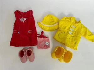 Yellow Rain Coat Hat American Girl Battat Boots Madame Alexander Doll Dress Pink - Picture 1 of 13