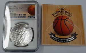 2020 P BASKETBALL HALL OF FAME SILVER DOLLAR $1 NGC MS70 FIRST STRIKE - Picture 1 of 6