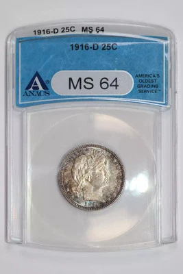 1916-D BARBER QUARTER ANACS MS64 - FRESH PQ COIN W/ GREAT LUSTER! - Image 1 of 2