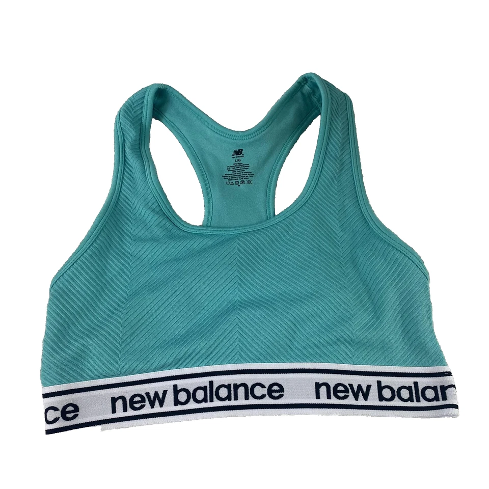 Sujetador deportivo New Balance para mujer grande verde azulado acanalado espalda deportiva logotipo elástico atlético Foto 1 de 4