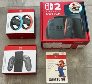 New! Nintendo Switch 2 Console + Mario Kart World + 256GB + Joy Con 2 Wheels - Picture 1 of 8