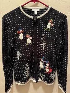 Charter Club Sweater Women’s Black White Embroidered Embellished Full-Zip Sz Med - Picture 1 of 9