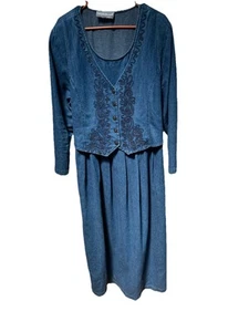 Carol Anderson II Denim Vest Dress Overlay Women's Sz 18 Peasant Cottagecore - Picture 1 of 17