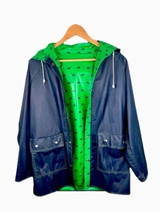 Vintage Women's Med Reversible Raincoat Blue Green Ducks Slicker Hood - Picture 1 of 5