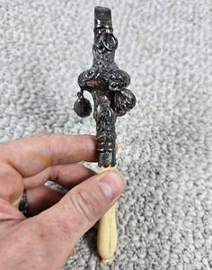 Victorian English Sterling Silver Carved Handle Baby Whistle Rattle 61.37g - Picture 1 of 8