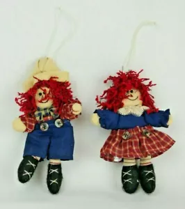 Country Lace Inc Set of 2 Red and Blue Rag Doll Christmas Ornaments Girl and Boy - Picture 1 of 12