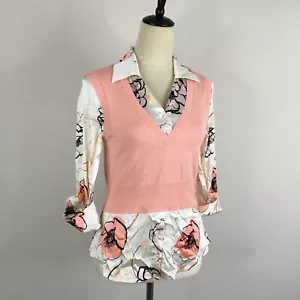 BEBE Peach Knit MultiColor Floral Print Silk Blend 3/4 Sleeve Shirt Womens sz XS - Picture 1 of 14