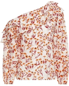 MAJE Laurane One-Shoulder Floral Ruffle Blouse Top Orange Red Size 3/L NWT $265 - Picture 1 of 8