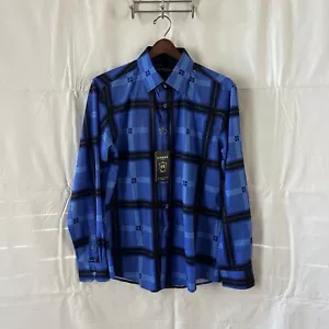 Camisa sedosa azul con cuello abotonado manga larga diseño italiano CHUX X para hombre talla M - Imagen 1 de 7