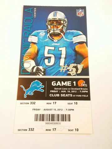 2012 Detroit Lions Cleveland Browns NFL Football Full Club Ticket Stub Cover