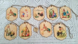 9~Easter~Primitive~Bunny~Kids~Grungy~Linen Cardstock~Gift~Hang~Tags~Ornies - Picture 1 of 1