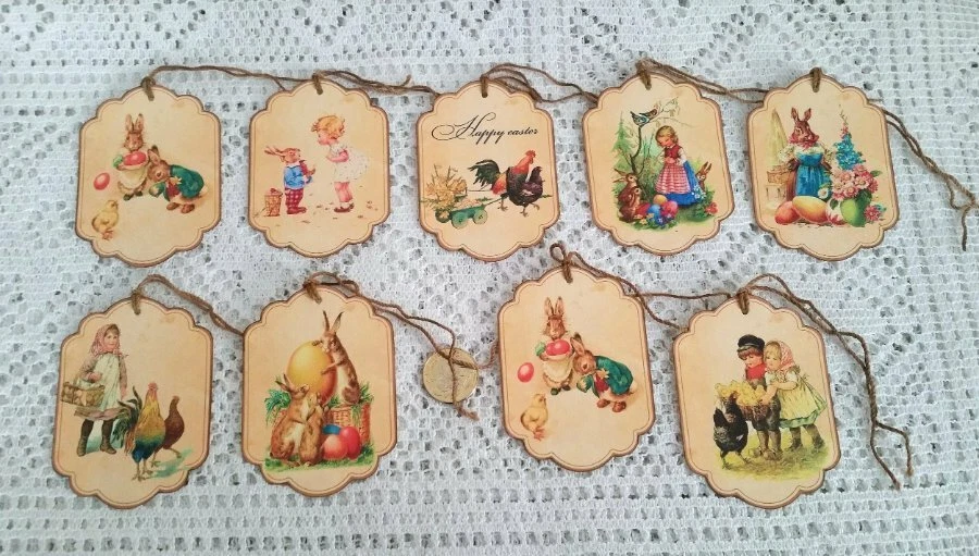 9~Easter~Primitive~Bunny~Kids~Grungy~Linen Cardstock~Gift~Hang~Tags~Ornies - Image 1 of 1