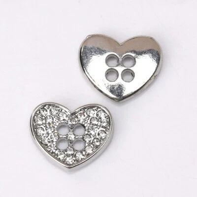 Silver Heart Buttons with Rhinestones - 12mm x 10mm - 2 Hole - Mini Silver Heart - Image 1 of 2
