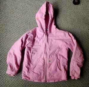 Carhartt Duck Canvas Jacket Girls Large 14 Pink Hood Sherpa Lined Chore STAINED - Picture 1 of 8