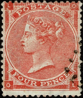SG81 1863, 4d bright red (OL) plate 4, used, clear profile, lightly cancelled - Image 1 of 2
