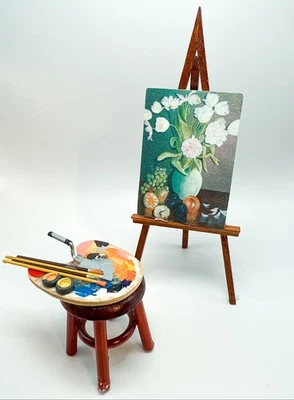 Artisan Dollhouse Miniature OOAK Painter’s Easel And Palette With Stool 1:12 - Image 1 of 4