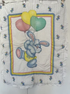 Vintage 80s Bunny Rabbit Balloons Baby Blanket Pastel Colors Nursery Blanket - Picture 1 of 6